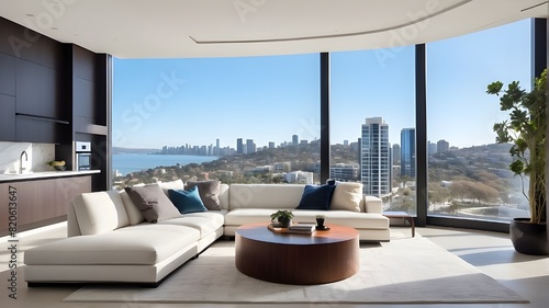 boasts a modern living area with floor to ceiling windows providing stunning views of the city and bay. The clean  minimalist space is furnished with high-end couches.