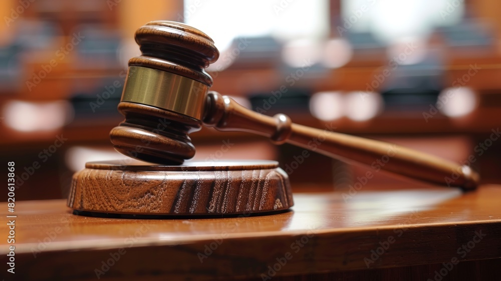 A wooden gavel sits on a wooden base A wooden gavel sits on a wooden base