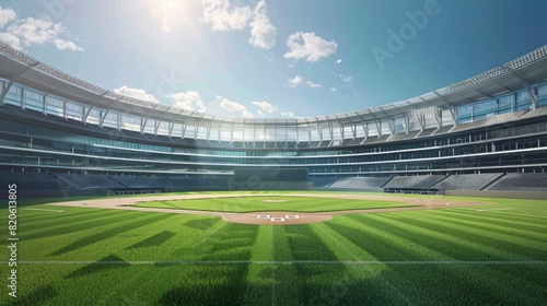 grand baseball stadium field diamond daylight view modern public sport building with blue sky