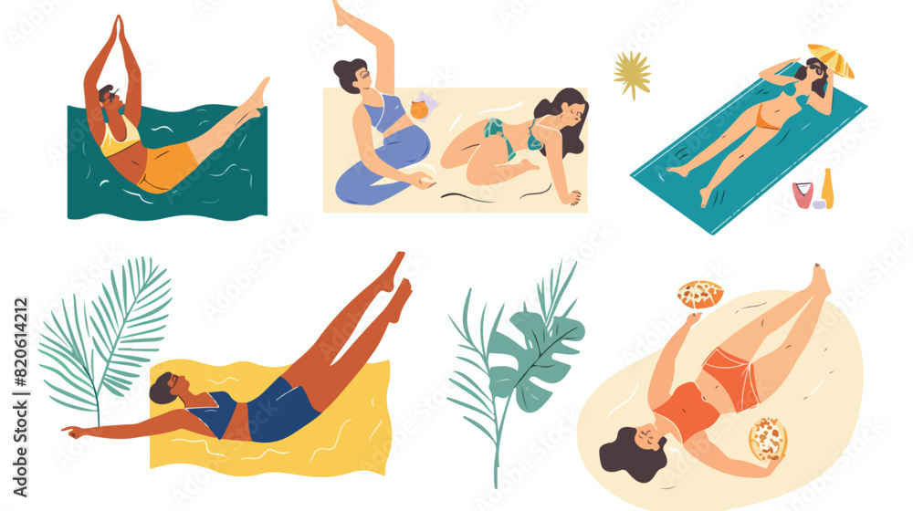 Various sunbathing people on summer beach vacation.