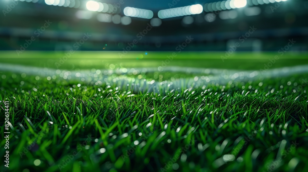 Green grass macro in sports arena. with lights background. Close up of. soccer field lines. Background soccer lawn grass football stadium ground view.