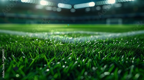 Green grass macro in sports arena. with lights background. Close up of. soccer field lines. Background soccer lawn grass football stadium ground view. photo