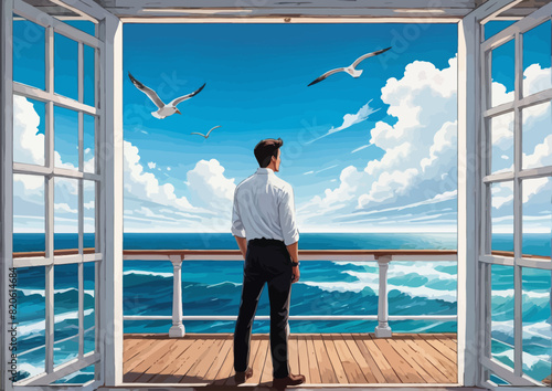 a man standing on a deck looking out at the ocean