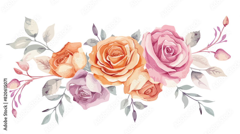 Pink orange rose flower watercolor border for wedding