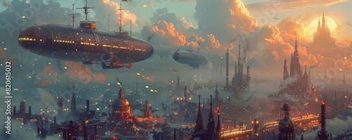 A steampunk cityscape where towering airships dock at brass-clad terminals, and steam-powered trains rumble through bustling stations. illustration.