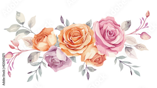 Pink orange rose flower watercolor border for wedding