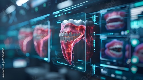 Future dental clinic tooth anatomy, advanced modern health care technology dentist, 3d illustration of holographic x-ray digital display, innovative dentistry science oral medicine implant treatment. photo