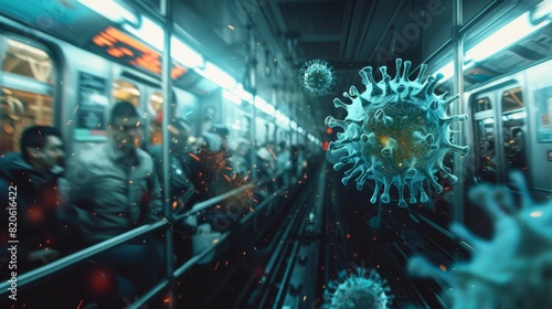 microscopic view of virus particles on a crowded subway train photo