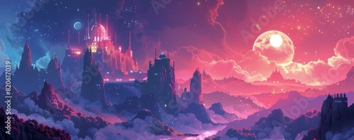 A celestial realm bathed in the light of distant galaxies  where shimmering palaces and ethereal landscapes create a vision of transcendent beauty.   illustration.