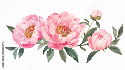 Pink peony watercolor landscape bouquet isolated on w