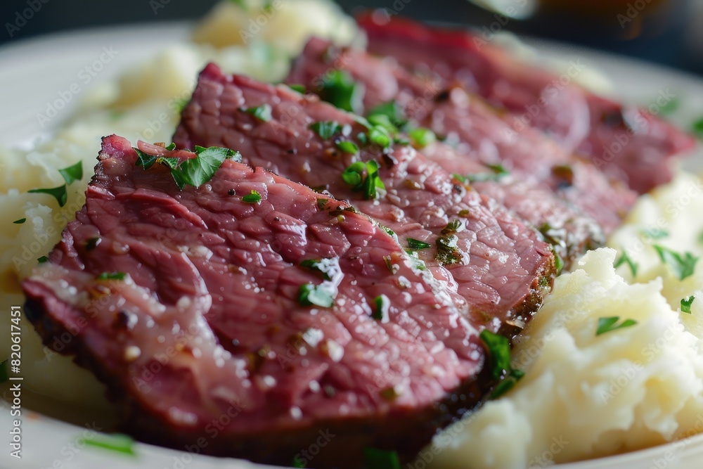 Grilled steak sliced and served on a plate with a side of creamy mashed potatoes, seasoned with herbs Grilled steak sliced and served on a plate with a side of creamy mashed potatoes, seasoned with herbs