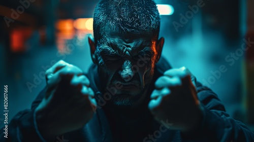 Ultraclear photo capturing anger and stress, individual facing left with apprehensive look, right arm raised in selfdefense, tense atmosphere, Midjourney rendering photo