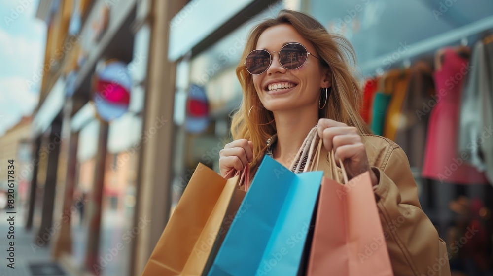 In the vibrant city, a smiling woman carries shopping bags, embodying a carefree, fashionable lifestyle. Her joy and style reflect a modern, happy urban shopper in a leisurely, summer setting In the vibrant city, a smiling woman carries shopping bags, embodying a carefree, fashionable lifestyle. Her joy and style reflect a modern, happy urban shopper in a leisurely, summer setting