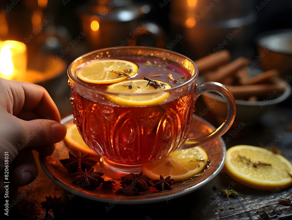 Cup of hot tea with lemon and spices on a wooden table