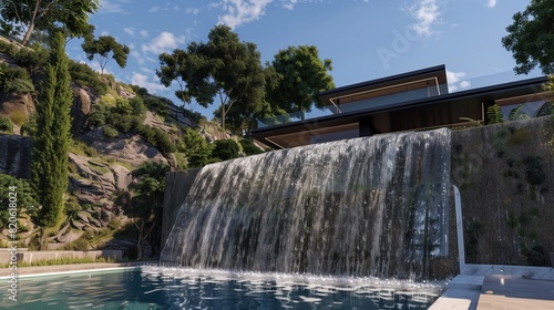A stunning contemporary villa nestled into a hillside  with a cascading waterfall feature flowing into a sleek swimming pool  creating a tranquil oasis amidst the natural landscape.