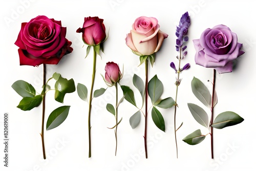 A collection of various flowers and leaves arranged horizontally on a white background.