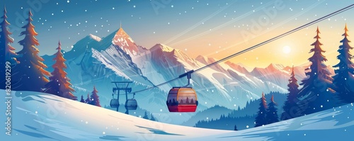 Wallpaper Mural a scenic view of a cable car and a ski resort against a backdrop of majestic winter mountains.  simple illustration Torontodigital.ca