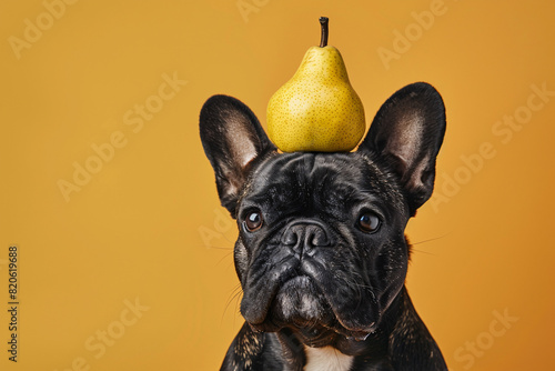 French Bulldog dog with pear fruits on head in front of yellow studio background © Firn