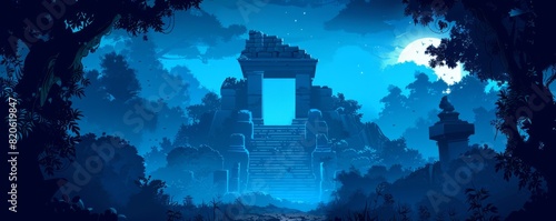 A mystical temple hidden in the dense forest and guarded by ancient forces.   illustration.