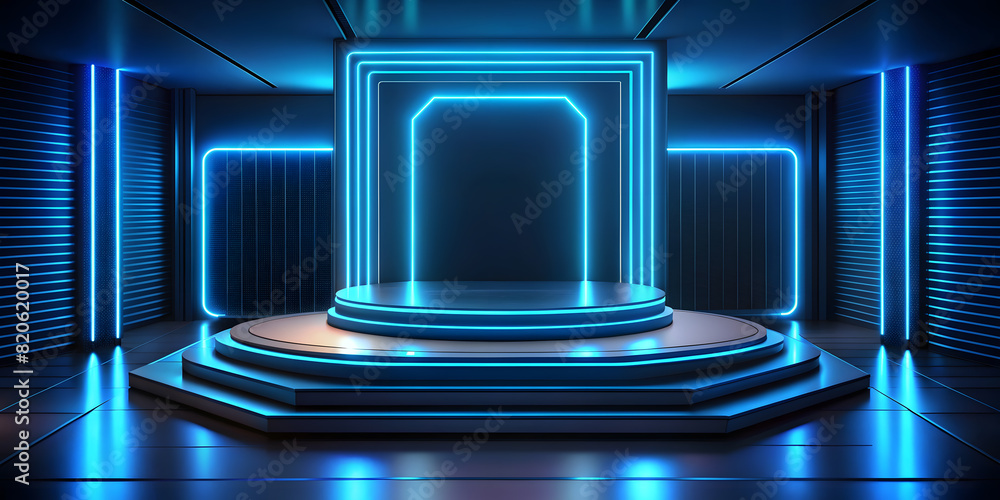 3D Neon Blue Platform Podium with Abstract Lighting. Perfect for: Product Presentations, Technology Showcases, Futuristic Designs.