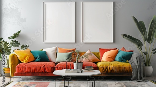 A trendy living space with two white frames on a light grey wall, featuring a vibrant sofa, eclectic decor, and a stylish coffee table,