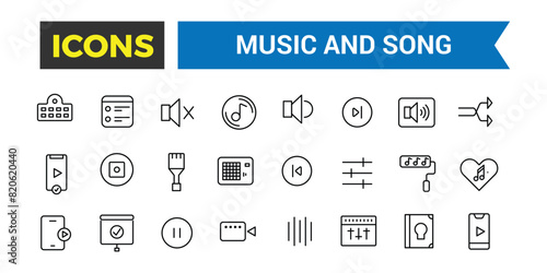 Music and song icon set, vector, thin line icons collection. Editable vector icon and illustration.