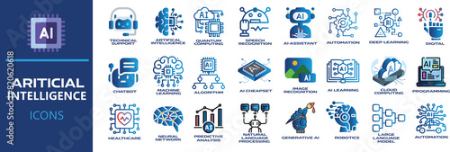 Artificial intelligence icon set. Containing machine learning, AI, generative AI, technology, virtual assistant , Robotics, Technical support, LLM and more. Solid vector icons collection