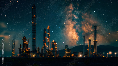 A large industrial plant with a green glow and a starry sky in the background