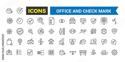 Office and check mark icon set. Outline icons pack. Editable vector icon and illustration.