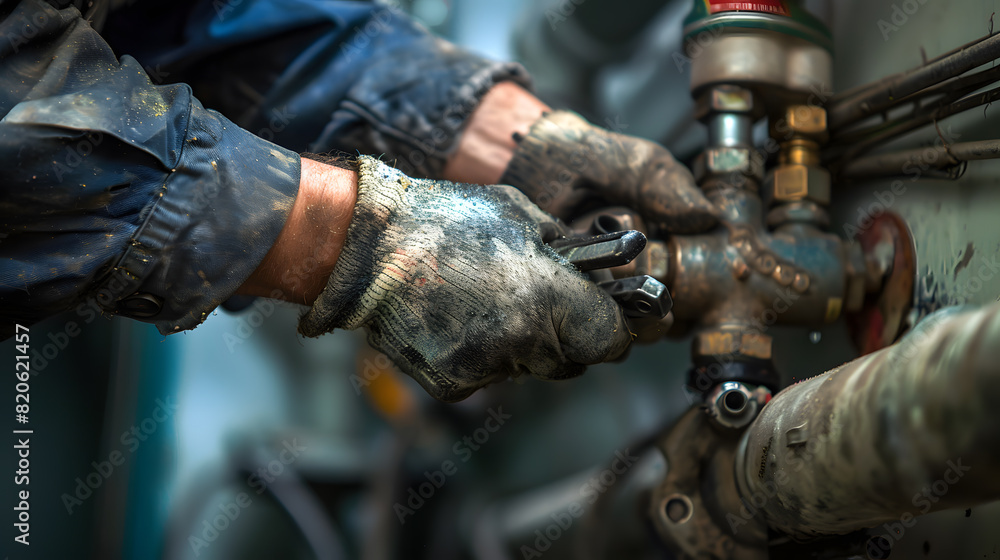 A man in a blue shirt is working on a pipe A man in a blue shirt is working on a pipe