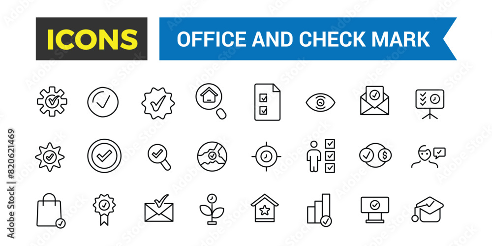 Office and check mark icon set. Outline icons pack. Editable vector icon and illustration. Office and check mark icon set. Outline icons pack. Editable vector icon and illustration.