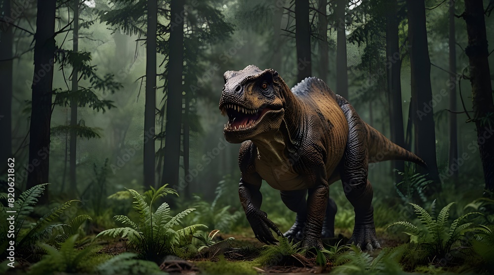 Naklejka premium A photorealistic depiction of a massive Tyrannosaurus Rex dinosaur wading through a lush prehistoric forest.generative.ai 