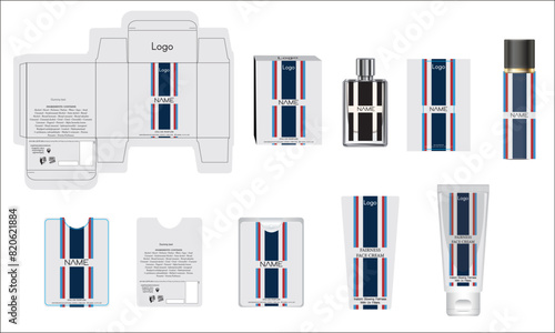 Packaging design, luxury perfume box, pocket perfume, deo design and face cream template and mock up box. Illustration vector.