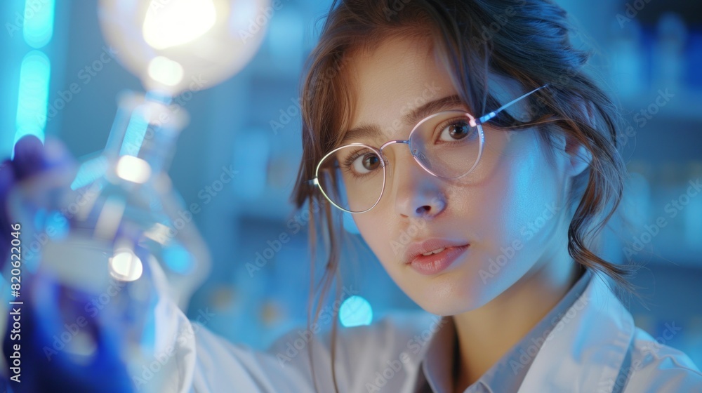 Young female scientist in a lab coat observing results, bright scientific lighting, lab equipment in the background, analytical expression Young female scientist in a lab coat observing results, bright scientific lighting, lab equipment in the background, analytical expression