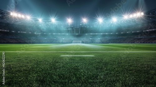 stadium lights, Football stadium arena for match with spotlight. Soccer sport background, green grass field for competition champion match. photo