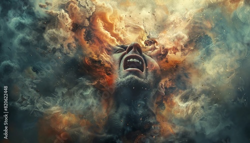 Highdetail picture illustrating anger and stress, person turning head sharply towards sky, body language conveying frustration, abrupt change in direction, Midjourney creation photo