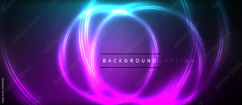 Neon glowing circle rays, light round lines in the dark, planet style neon wave lines. Energetic electric concept design for wallpaper, banner, background