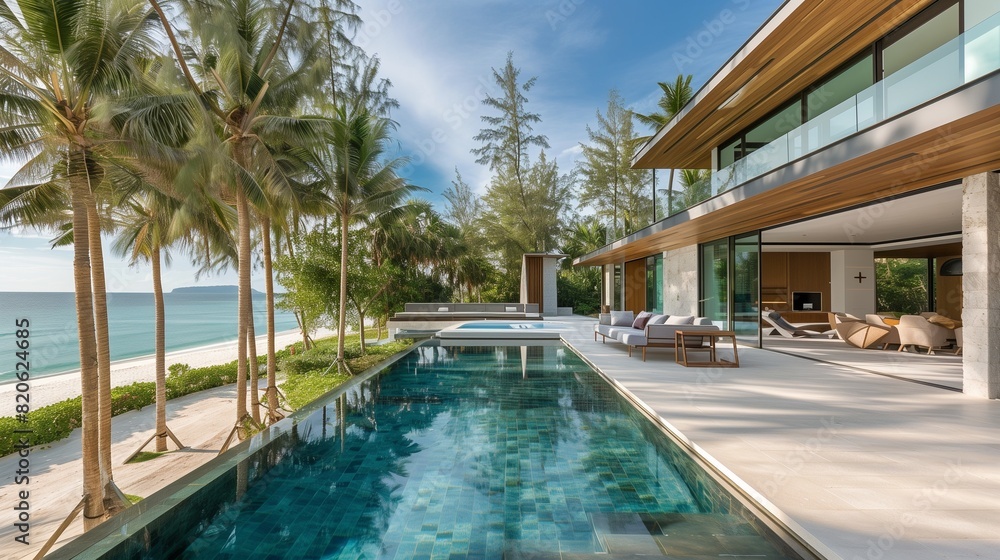 An elegant modern villa featuring a infinity pool and spacious terrace, surrounded by tall palm trees and overlooking a pristine white sand beach.