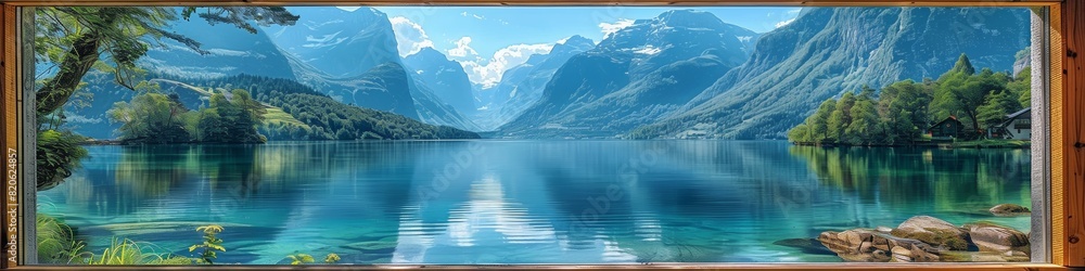 Stunning panoramic view of a tranquil lake surrounded by majestic mountains under a clear blue sky, reflecting calm waters and lush greenery. Stunning panoramic view of a tranquil lake surrounded by majestic mountains under a clear blue sky, reflecting calm waters and lush greenery.