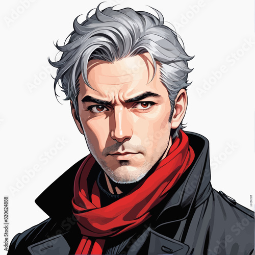 a drawing of a man with grey hair and a red scarf