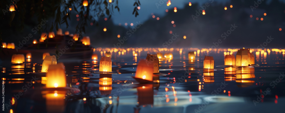 River Filled with Glowing Lanterns Creating a Magical Nighttime Scene River Filled with Glowing Lanterns Creating a Magical Nighttime Scene