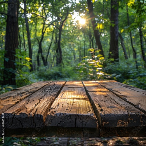 Wooden table surface with spooky bokeh forest background for cinematic product display. Sunlight shines on the trees in the green forest. Forest nature background, space.