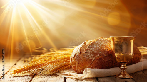 Golden Chalice and Fresh Bread on Wooden Table with Sunlight - Perfect for Religious Celebrations and Communion photo