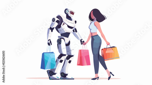 Woman and robotized assistant with shopping bags flat