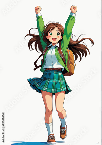 a girl in a skirt and jacket with her arms in the air