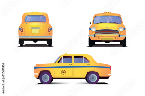 Kolkata yellow taxi front side and back of an Indian yellow color taxi