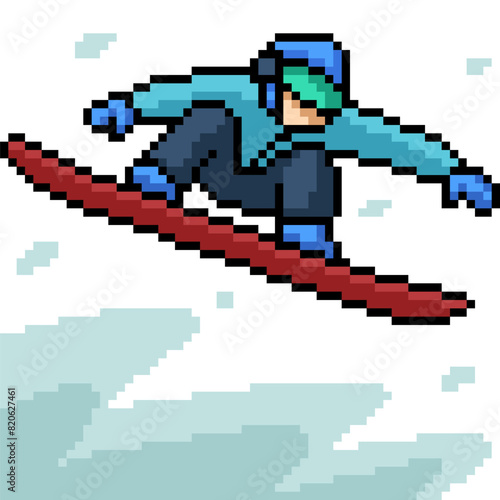 pixel art of man play snowboard