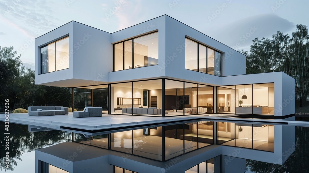 The exterior of a modern minimalist cubic villa with clean lines and geometric shapes, featuring floor-to-ceiling windows and a sleek swimming pool reflecting the simplicity The exterior of a modern minimalist cubic villa with clean lines and geometric shapes, featuring floor-to-ceiling windows and a sleek swimming pool reflecting the simplicity