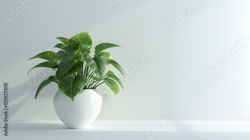 A vibrant green plant with lush leaves is elegantly placed in a white ceramic vase against a minimalist white background.