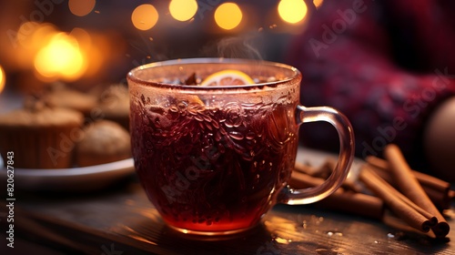 Cup of hot mulled wine with cinnamon and cookies on Christmas background
